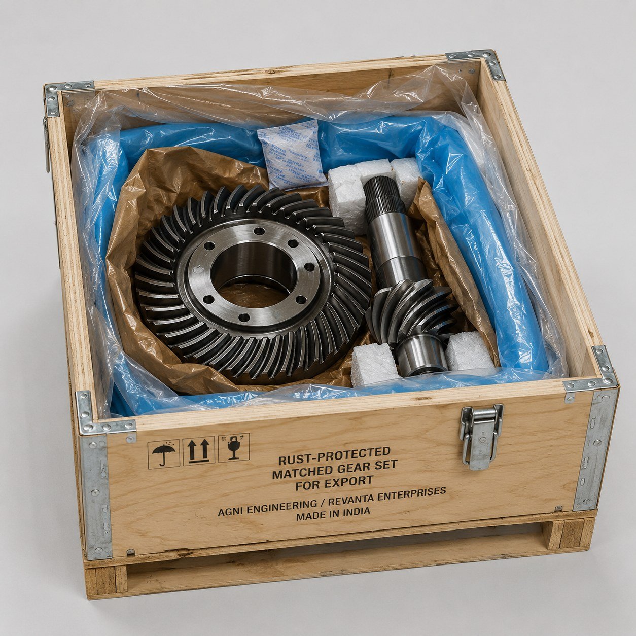 Matched spiral bevel gear and pinion set packed for export
