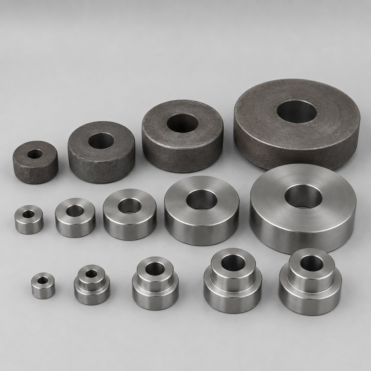 Raw forged and machined gear blanks arranged by size