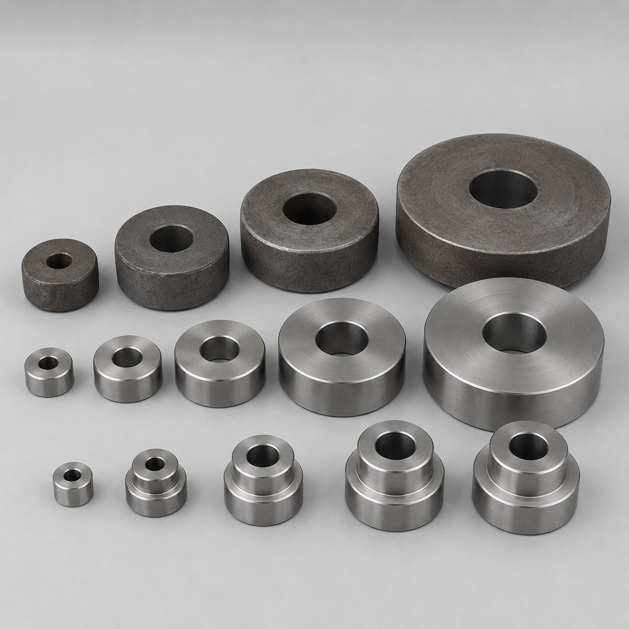 Raw forged and machined gear blanks arranged by size Raw forged and machined gear blanks arranged by size