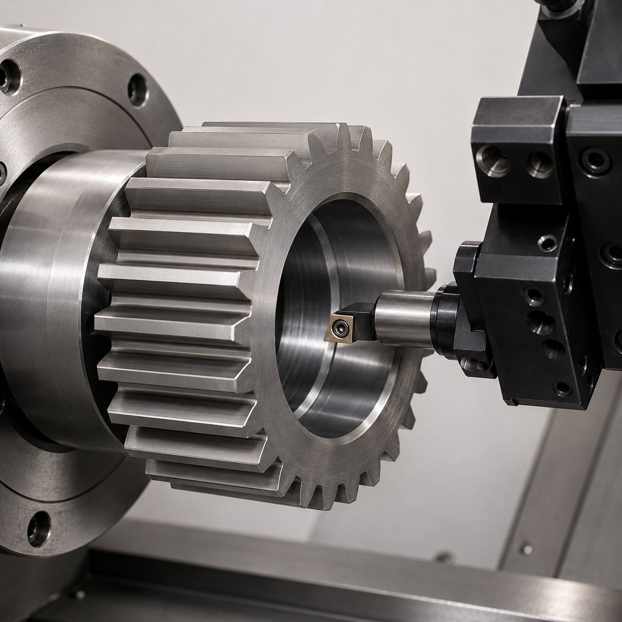 Turning and bore machining operation on a gear blank Turning and bore machining operation on a gear blank